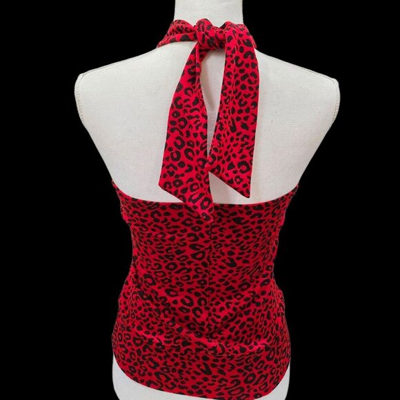 Bebe Red Leopard Halter Top S – Tie-Back Stretchy Sleeveless Y2K Glam Vintage - Picture 4 of 8